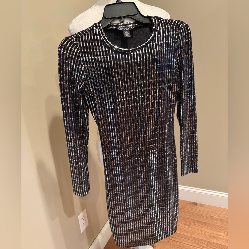 Morgan & Co Sequined Bodycon Midi Dress Sz Small Black Silver